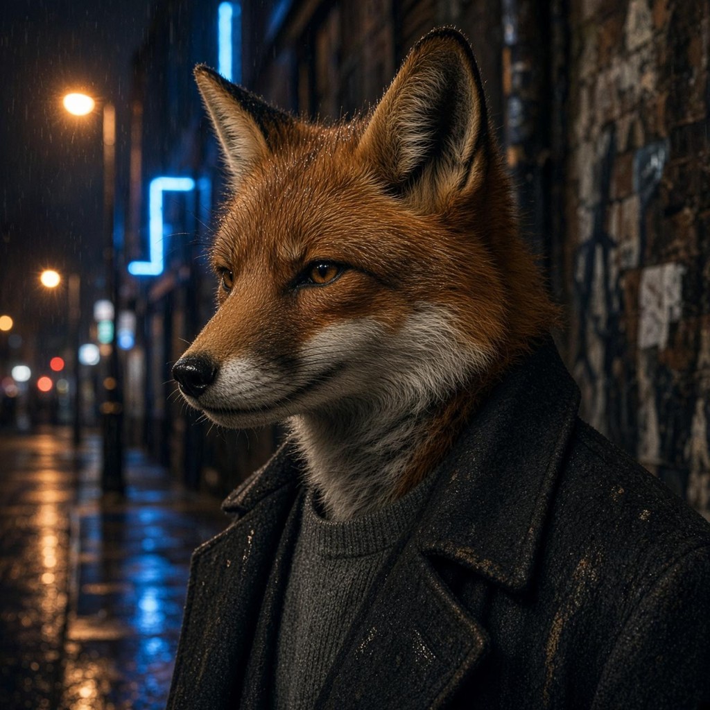 Jevston in the rain, wool coat, neon behind him